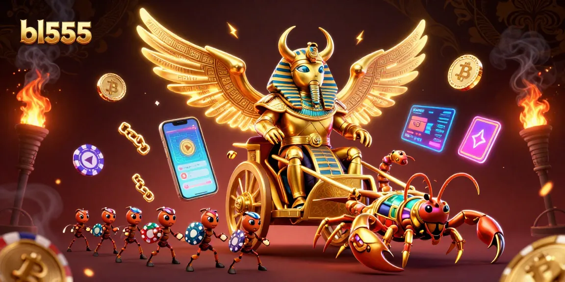 Engage with bl555's vibrant gaming scene featuring a scarab and scorpions, celebrating crypto wins.