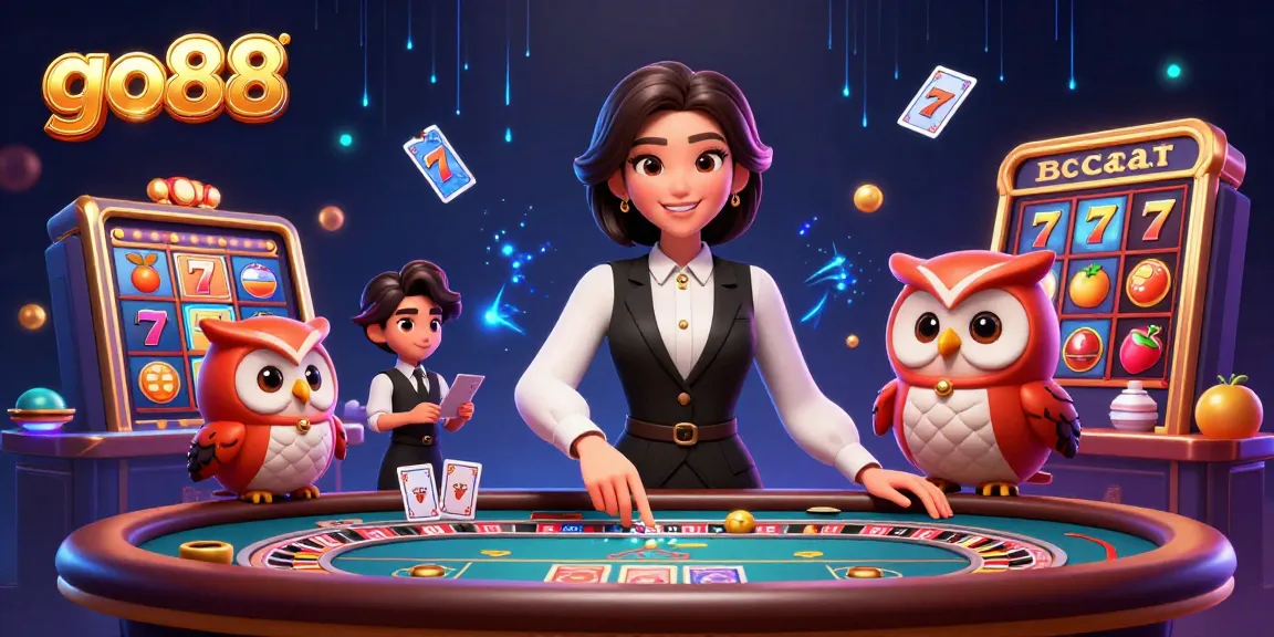 Experience the thrill of go88 with our engaging 3D casino scene featuring dynamic slot reels and cheerful dealers.