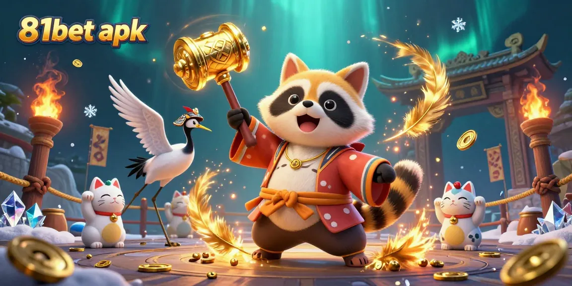 Play games on 81bet apk, featuring a cheerful tanuki, lucky mallet, and colorful maneki-neko