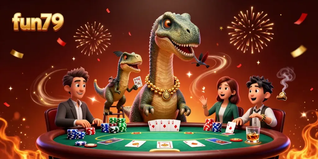 Experience the excitement of fun79 with a towering brontosaurus and raptor dealing cards at a vibrant casino.