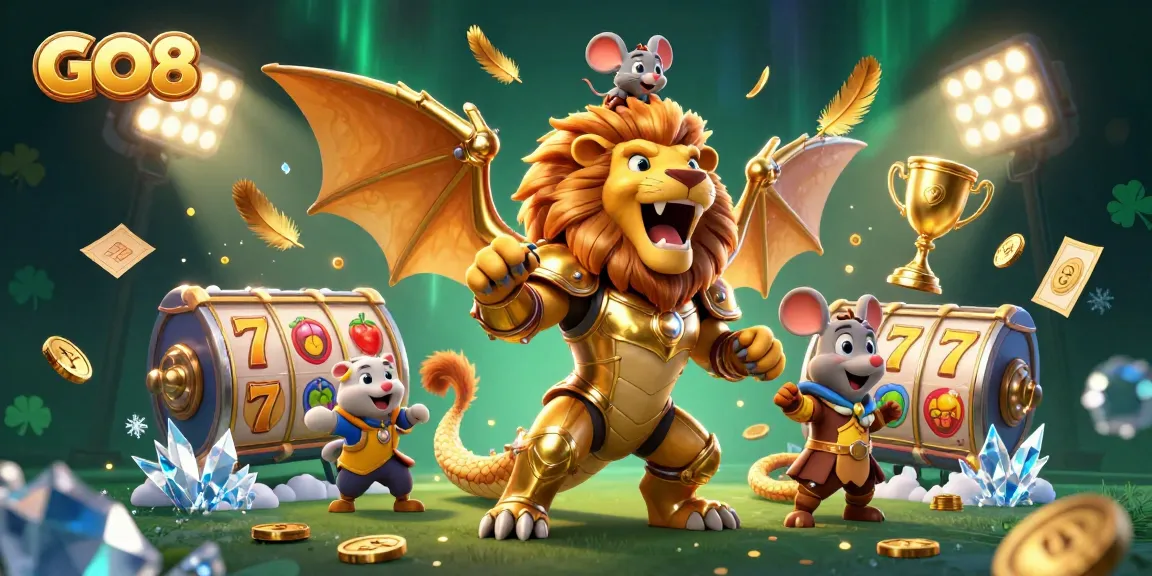 Experience the excitement of GO8 with a golden chimera and jackpot symbols in a vibrant casino scene.