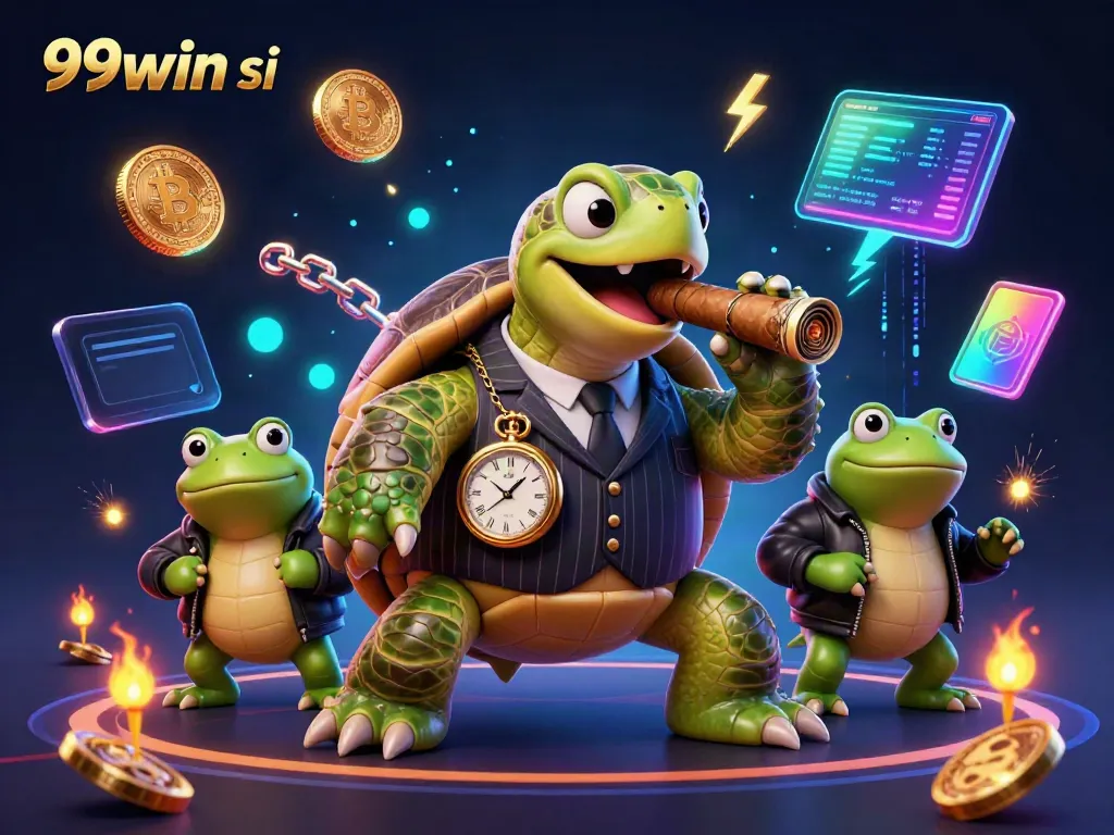 Experience excitement with 99win si featuring a snapping turtle and bullfrog enforcers surrounded by vibrant casino symbols.