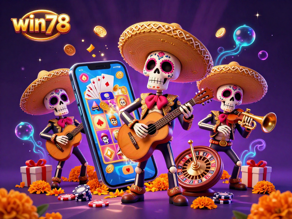 Win78 showcases a vibrant 3D Day of the Dead mariachi band with lively casino elements in a festive illustration.