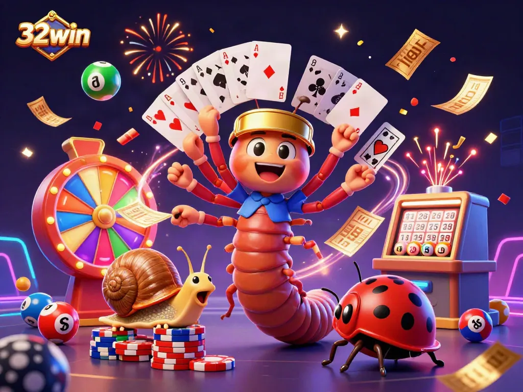 Spin to win at 32win with the millipede dealer and vibrant game elements in this dynamic casino scene.