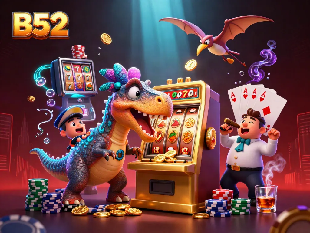 B52 platform showcasing a dynamic 3D scene with a dinosaur interacting with a slot machine, surrounded by colorful poker chips and casino elements.