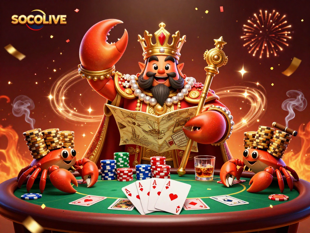 SOCOLIVE showcases a vibrant scene with a golden crab emperor amidst a poker setup, inviting bettors to join the fun.