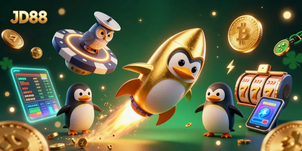 JD88 engaging in a lively casino atmosphere with a golden penguin and vibrant game elements.