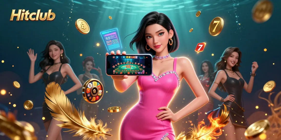 Hitclub features a confident Asian woman enjoying a live dealer game, surrounded by coins and slot elements