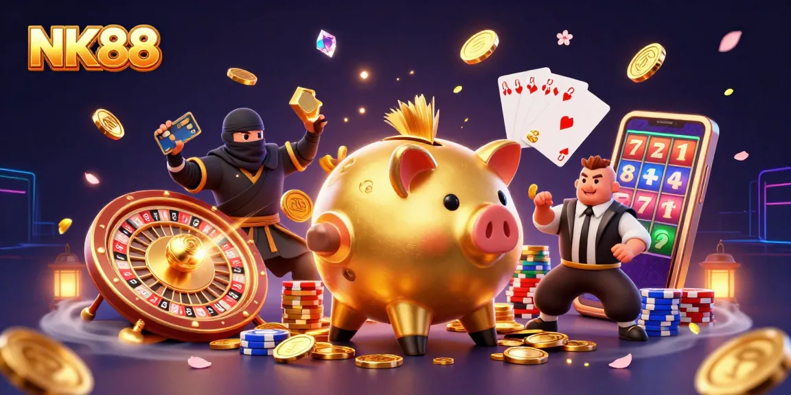 Engage with thrilling NK88 slots as a golden piggy bank wrestler shakes coins, creating a vibrant casino scene.