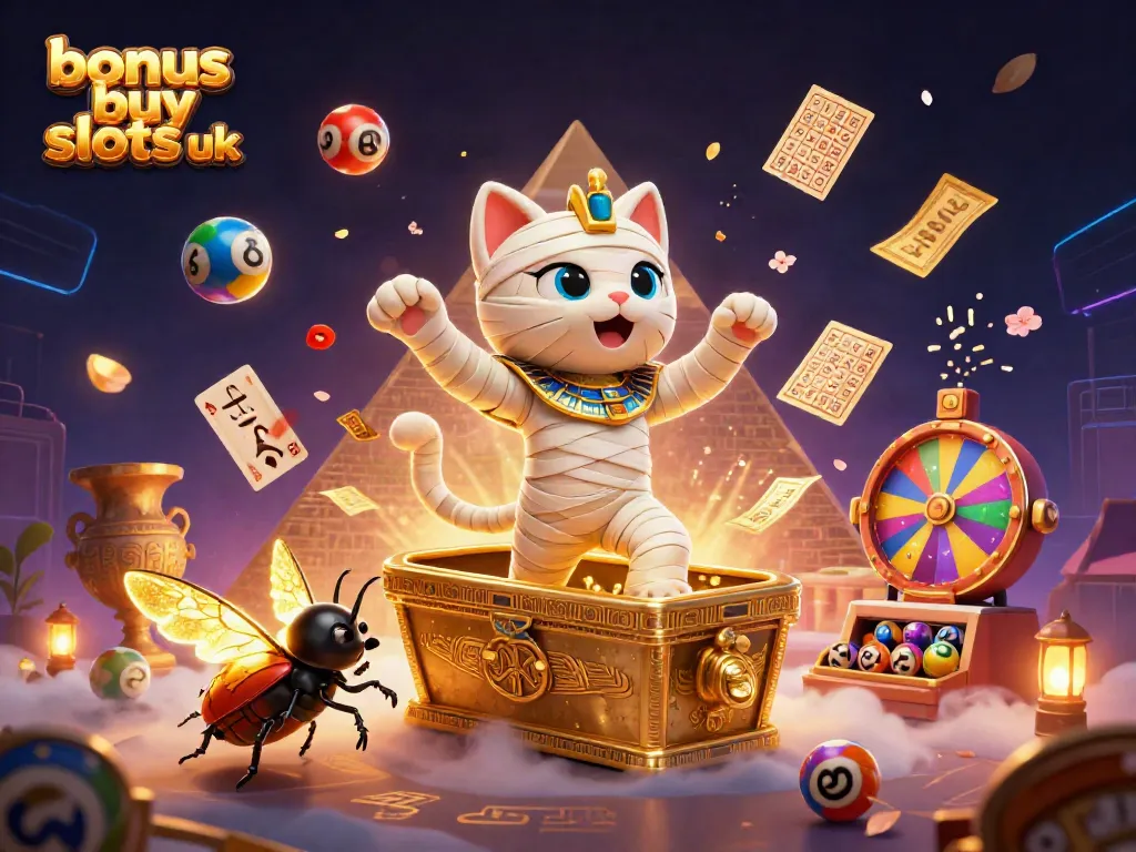 Experience exciting bonus buy slots uk with this vibrant 3D scene featuring a mummy and colorful casino elements.