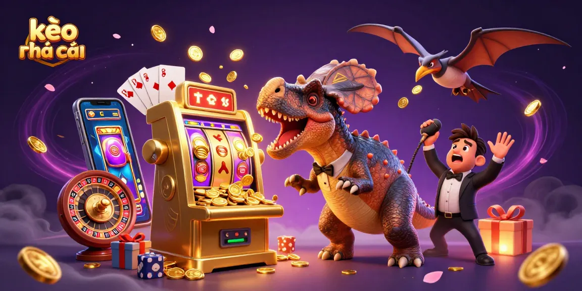 Engaging kèo nhà cái illustration featuring dynamic casino characters collecting coins from a slot machine.