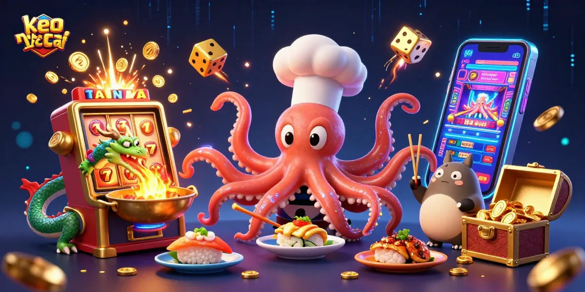 Engage with keo nha cai as the colorful sushi octopus chef prepares golden dishes amidst casino excitement.