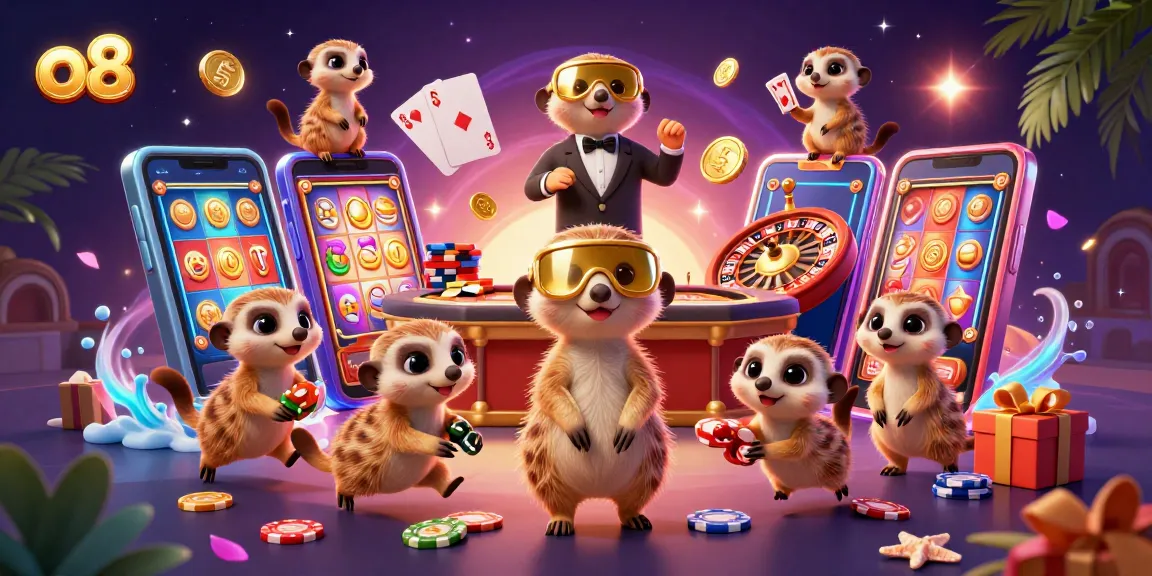 Experience thrilling gameplay at o8's online casino with an adventurous meerkat-themed illustration.