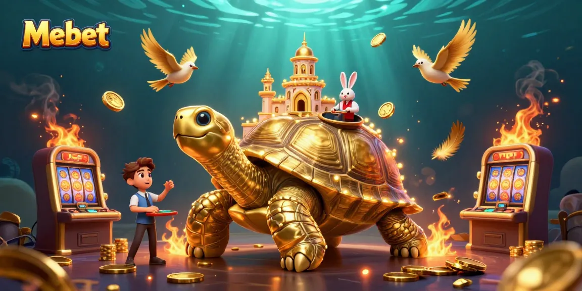 Mebet offers thrilling casino action featuring a golden tortoise with a lively casino setup.