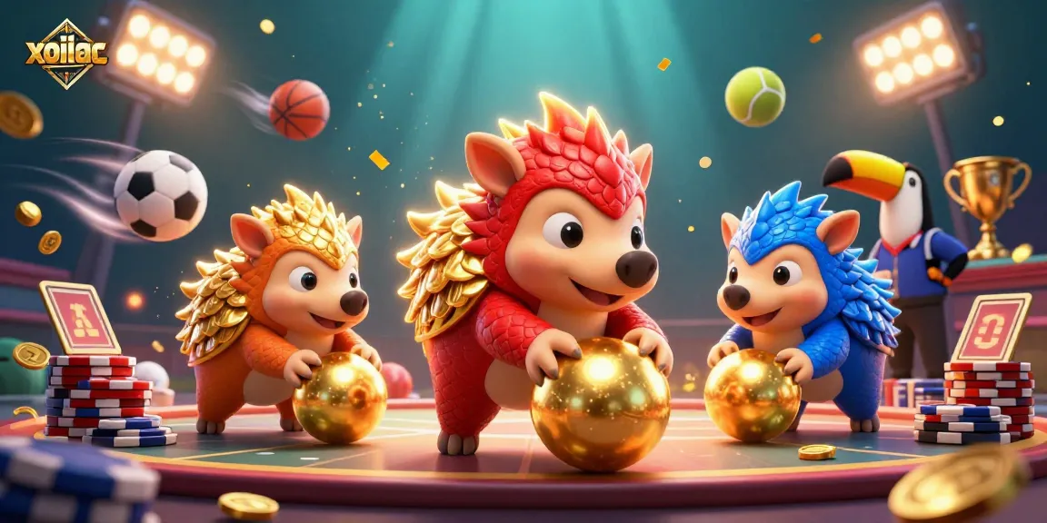 Compete with xoilac sports balls in a vibrant 3D illustration showcasing pangolins and dynamic gambling elements.