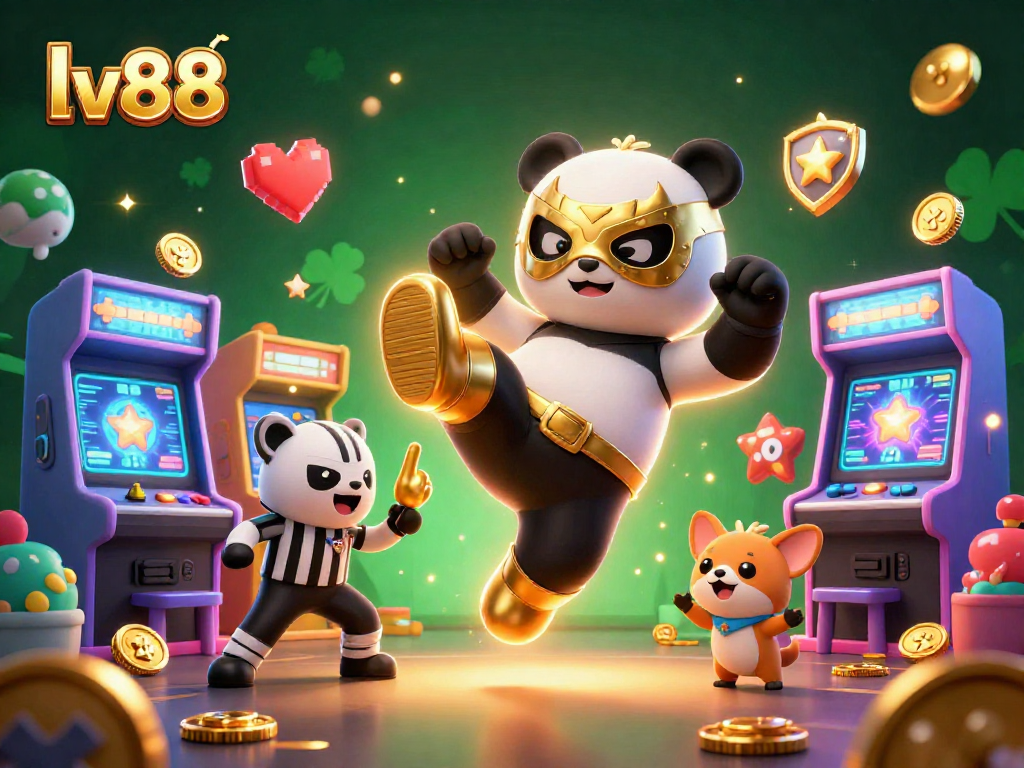 Experience thrilling gaming with lv88 as a panda wrestler kicks while a chihuahua referee counts under vibrant lights.