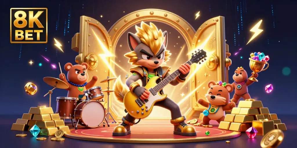 Experience the excitement of 8K BET with this vibrant casino scene featuring a rock star wolf and drummer bear.