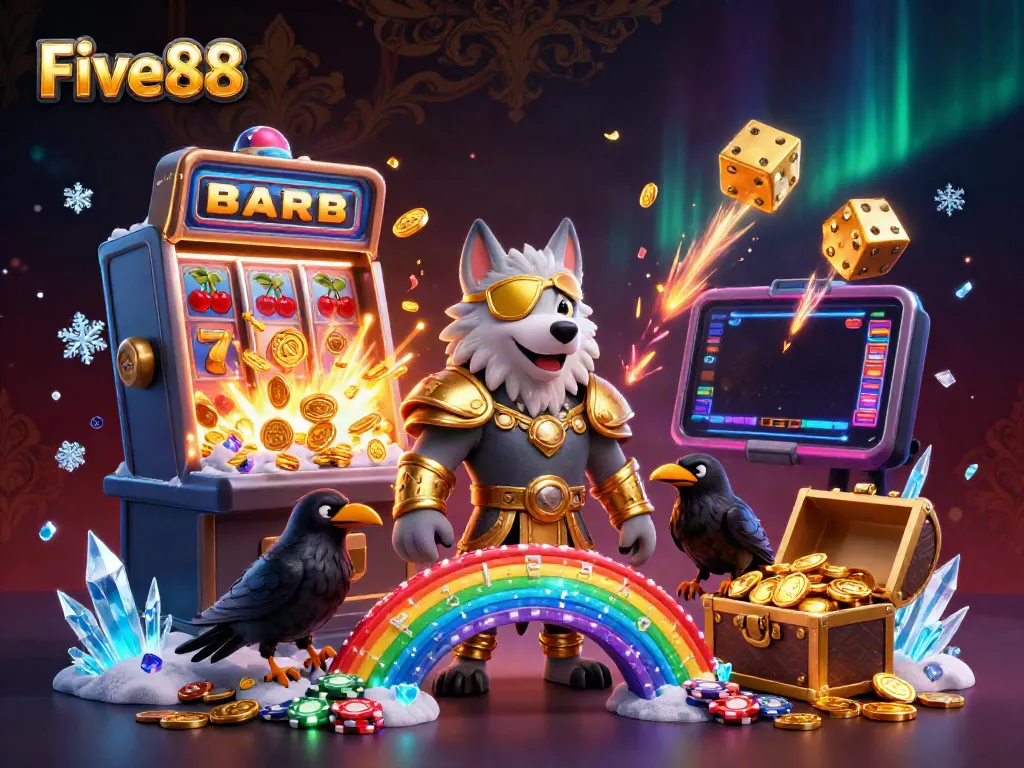 Experience the excitement of casino gaming with Five88 in a vibrant digital illustration featuring Norse-inspired characters.