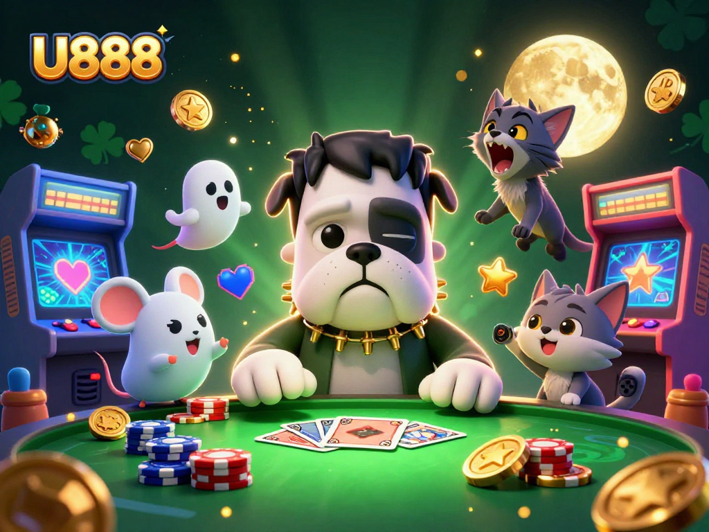 Deal cards with U888's lively 3D characters in a glowing casino atmosphere.