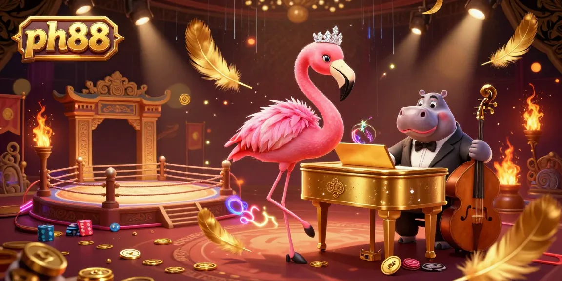 Experience the vibrant atmosphere at ph88 with our casino scene featuring a flamingo singer, a hippo bassist, and exciting betting elements.