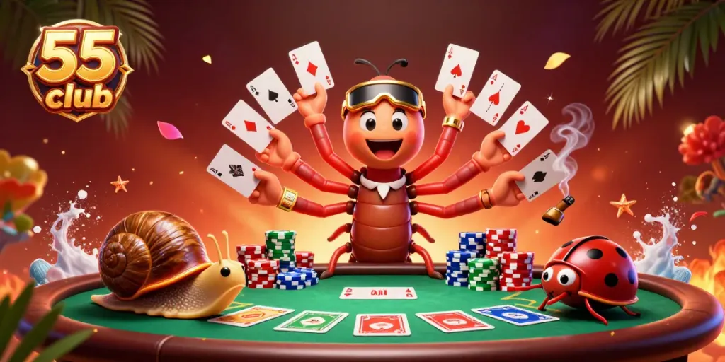 Experience excitement at the 55 club poker table with animated characters fanning cards and chip stacks.