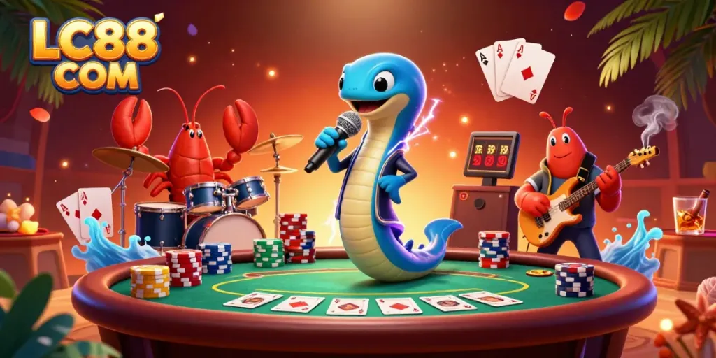 LC88 COM showcases an underwater casino scene featuring an electric eel DJ and vibrant poker elements.