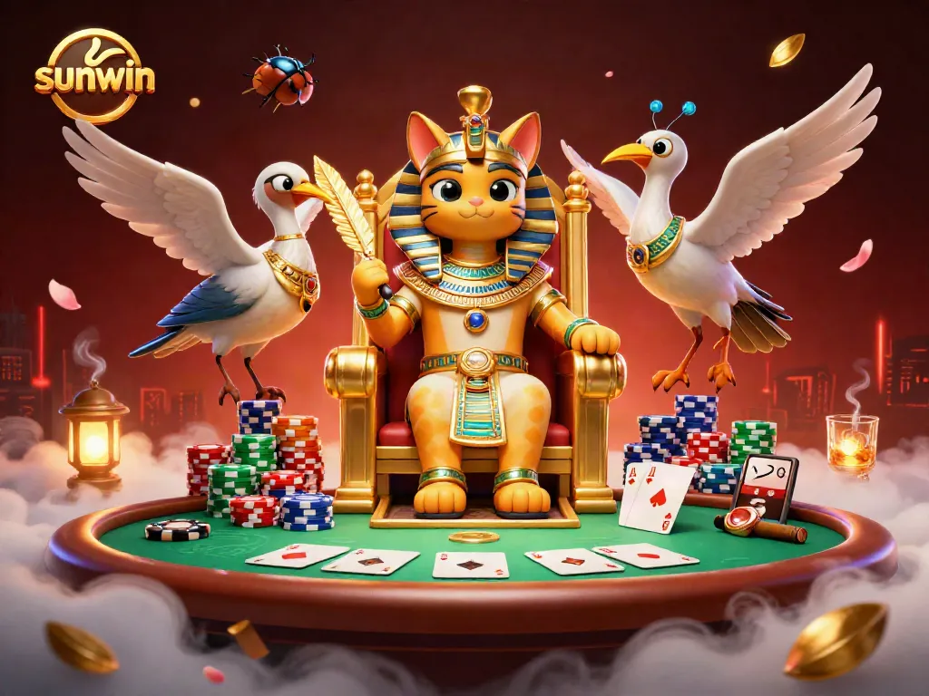 Experience the thrill of sunwin with an Egyptian pharaoh cat and poker elements in this 3D illustration.