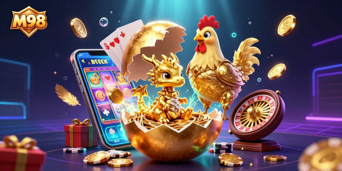 M98 captivates players with a 3D golden dragon and vibrant slot game in this dynamic casino illustration.