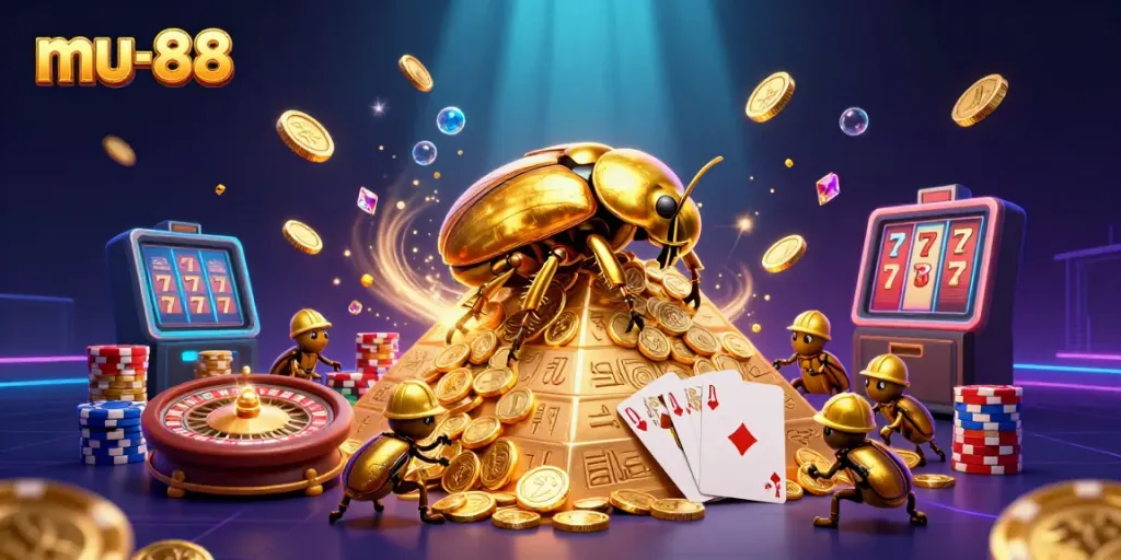Experience the excitement of mu-88 with a 3D cartoon scene featuring golden beetles and casino elements.