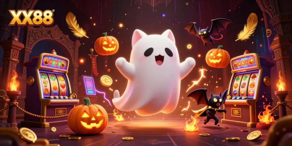 Experience exciting gambling moments with XX88 in a haunted casino scene filled with vibrant characters.