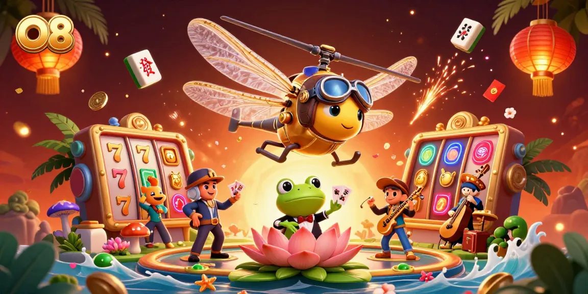 Engage with O8's unique slot experience led by a cheerful dragonfly pilot at a vibrant lily pad casino.