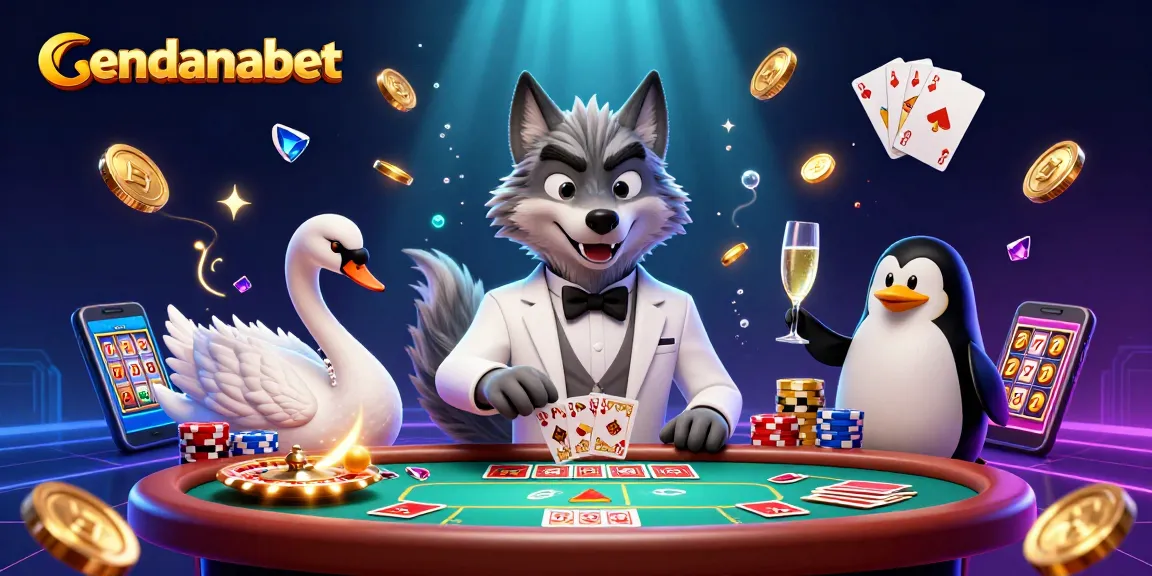 Cendanabet offers a vibrant casino experience with engaging characters at a baccarat table, featuring a wolf, swan, and penguin.