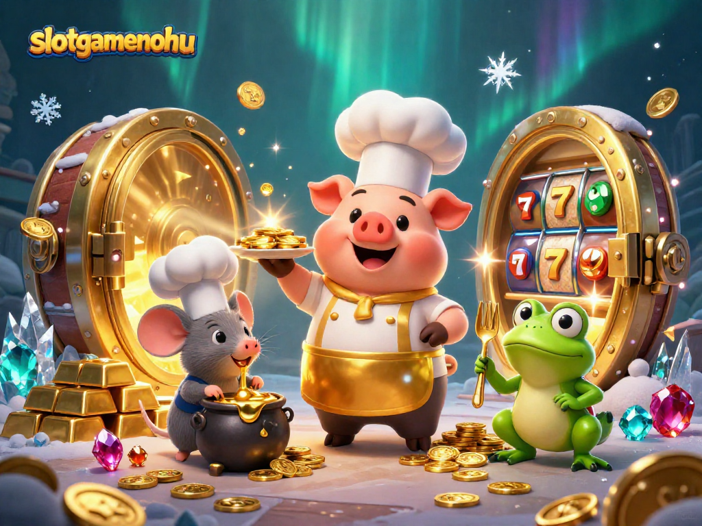 Experience jackpot thrills with slotgamenohu, featuring chefs and treasures in a vibrant casino scene.