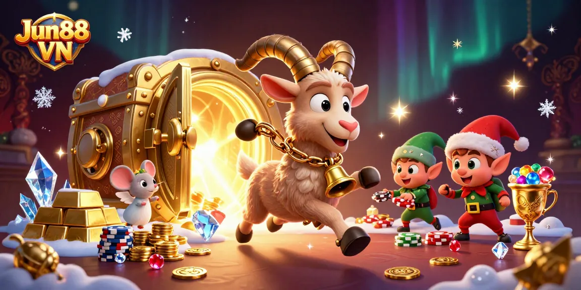 Experience the festive fun at Jun88 VN casino, featuring 3D cartoon characters in a vibrant, action-packed scene.