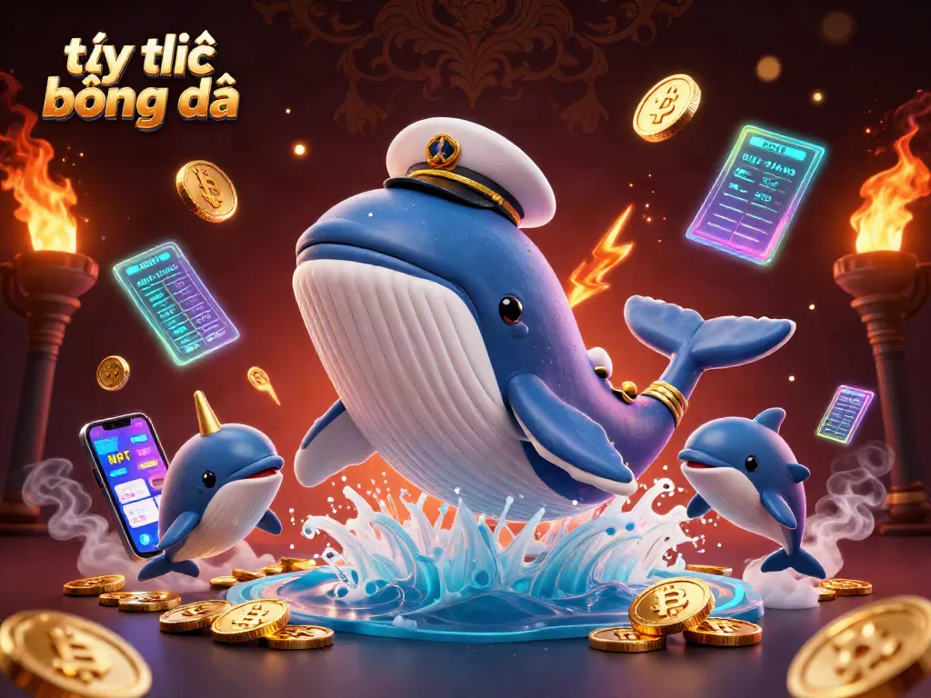 Bettors analyze tỷ lệ bóng đá odds with playful dolphins and a captain whale amid a sea of riches.