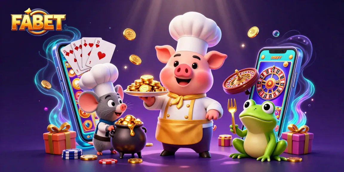 Experience FABET's vibrant casino magic with a pig chef serving golden coins in an elaborate scene.