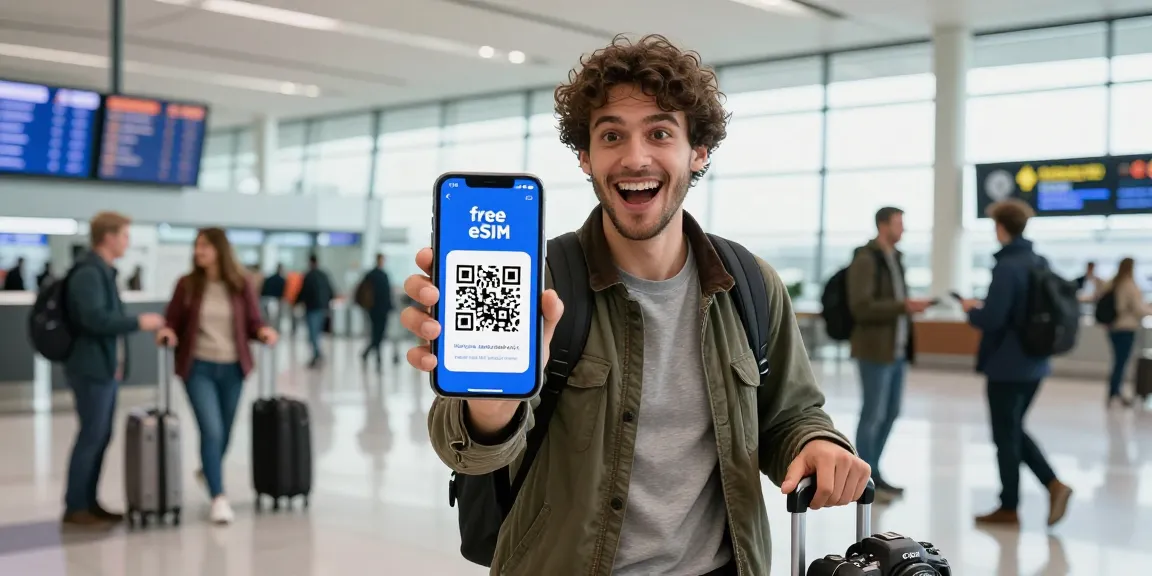 Traveler activating a free eSIM UK while arriving at the airport, showcasing seamless connectivity.