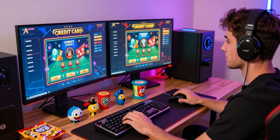 Engaged gamer exploring credit card casinos at https://crownwoods.org.uk/ in a vibrant home setting with multiple screens.