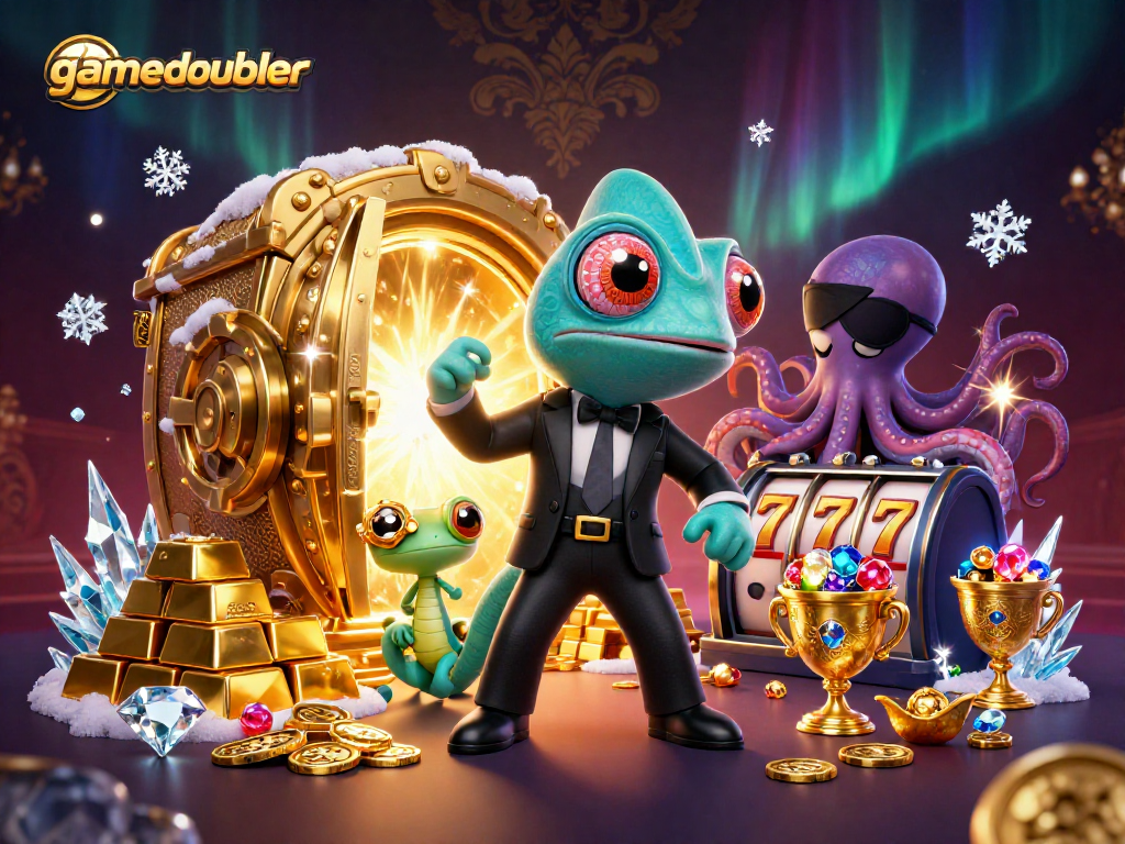 Spin to win big at gamedoubler with colorful 3D characters and treasure-filled casino backdrop.