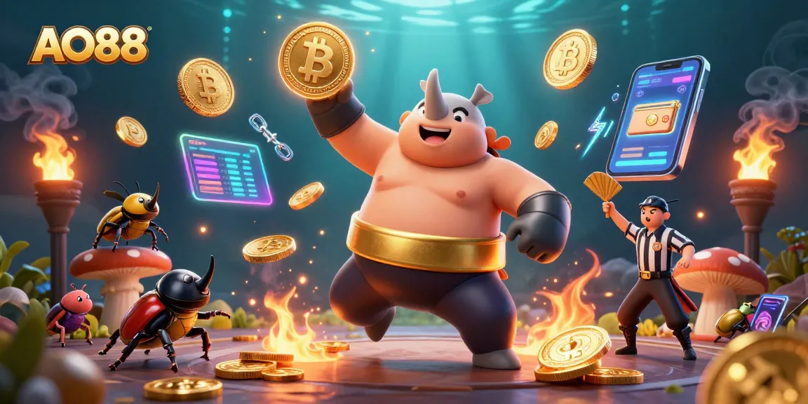 Experience the thrilling action at AO88 with a powerful sumo beetle stomping coins while crypto elements surround the scene.
