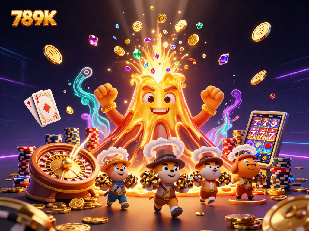 Experience the thrill of 789K with 3D cartoon characters amid a treasure eruption.