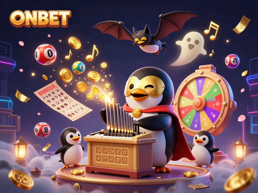Experience the thrill of gaming with ONBET's vibrant 3D casino scene featuring an opera penguin amidst dynamic lottery action.