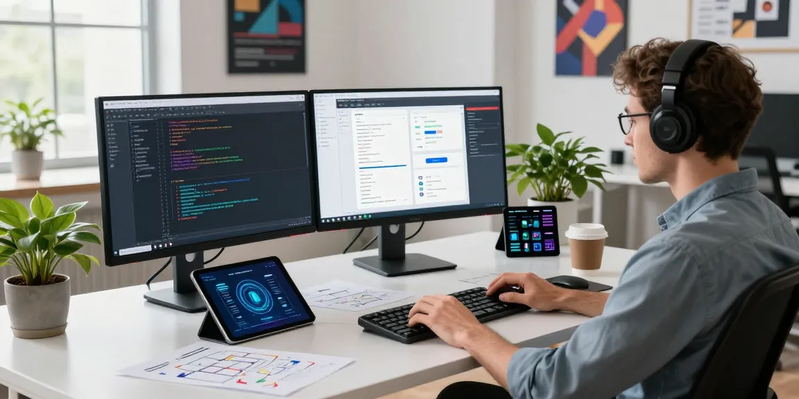 Build internal tools with AI in a modern tech workspace featuring a developer coding at dual monitors with flowcharts and plants.