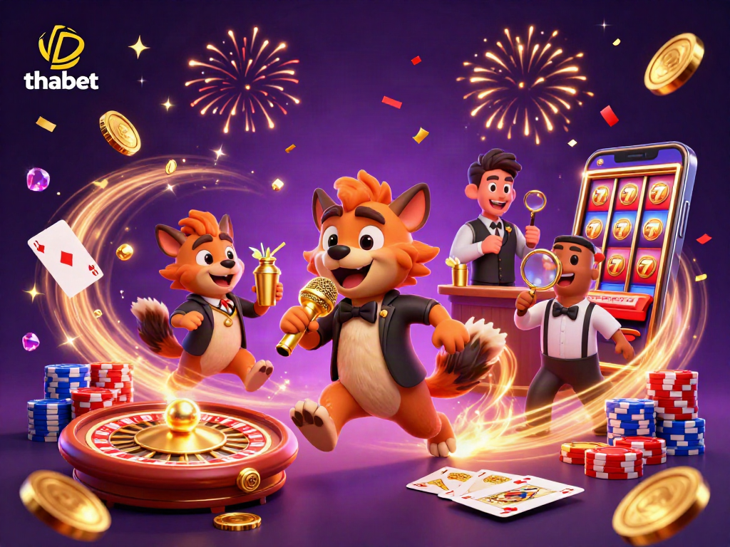 Experience thabet with a lively comedy casino scene featuring hyenas, roulette wheels, and golden coins.