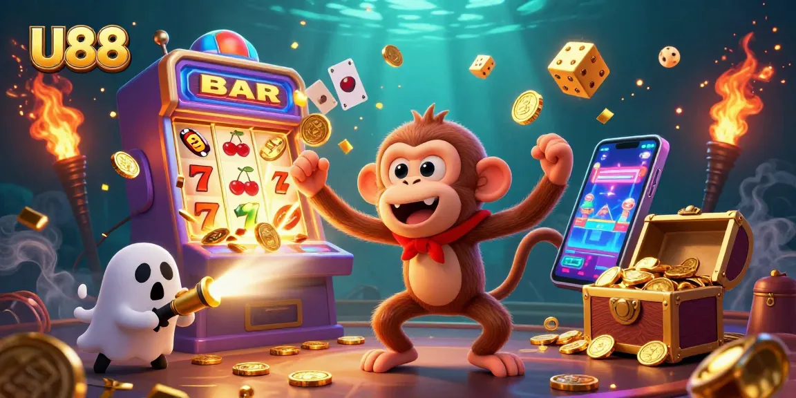 Experience an exciting U88 gaming adventure with a poltergeist monkey and ghost-hunter puppy in a vibrant casino