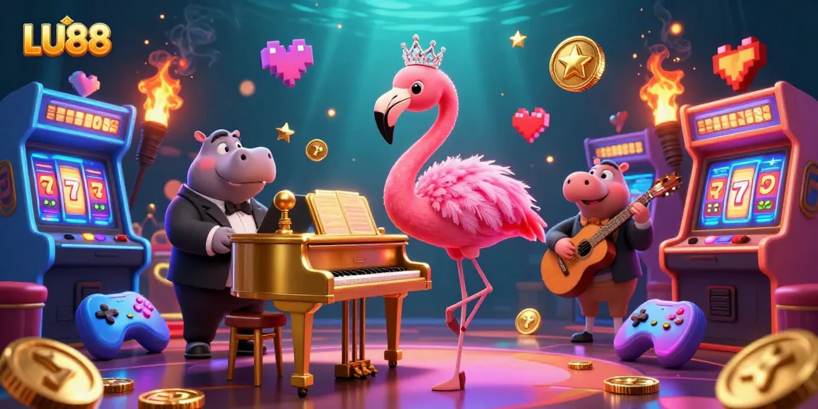 Get lucky with LU88 at the vibrant casino featuring a flamingo singer and hippo bassist.