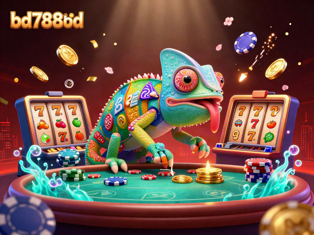 Engage with the bd788bd casino scene featuring a whimsical chameleon owner surrounded by vibrant game elements.