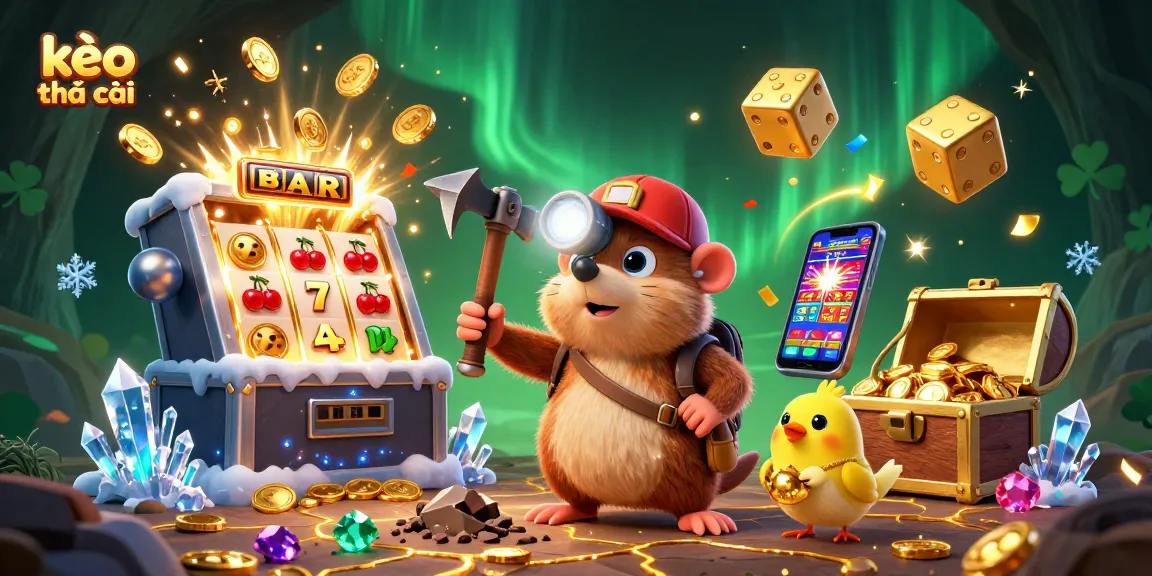 Engage with kèo nhà cái through this vibrant casino scene featuring a treasure hunter mole, jackpot slots, and golden gems.