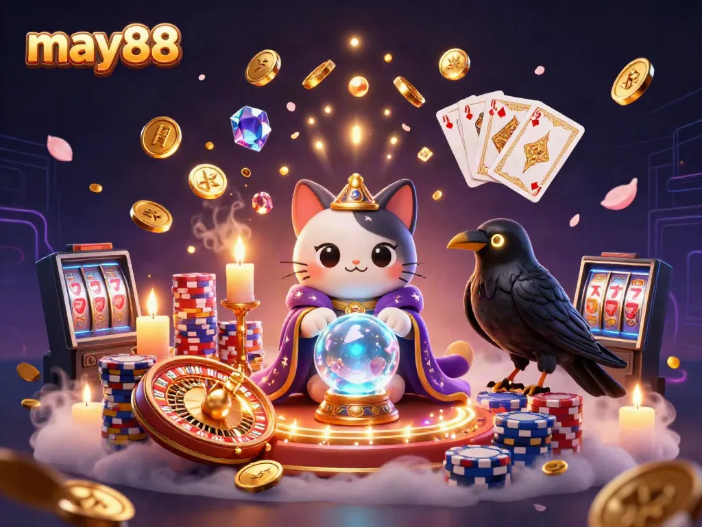 Engage in thrilling gaming action with may88, featuring vibrant casino elements and a lively atmosphere.