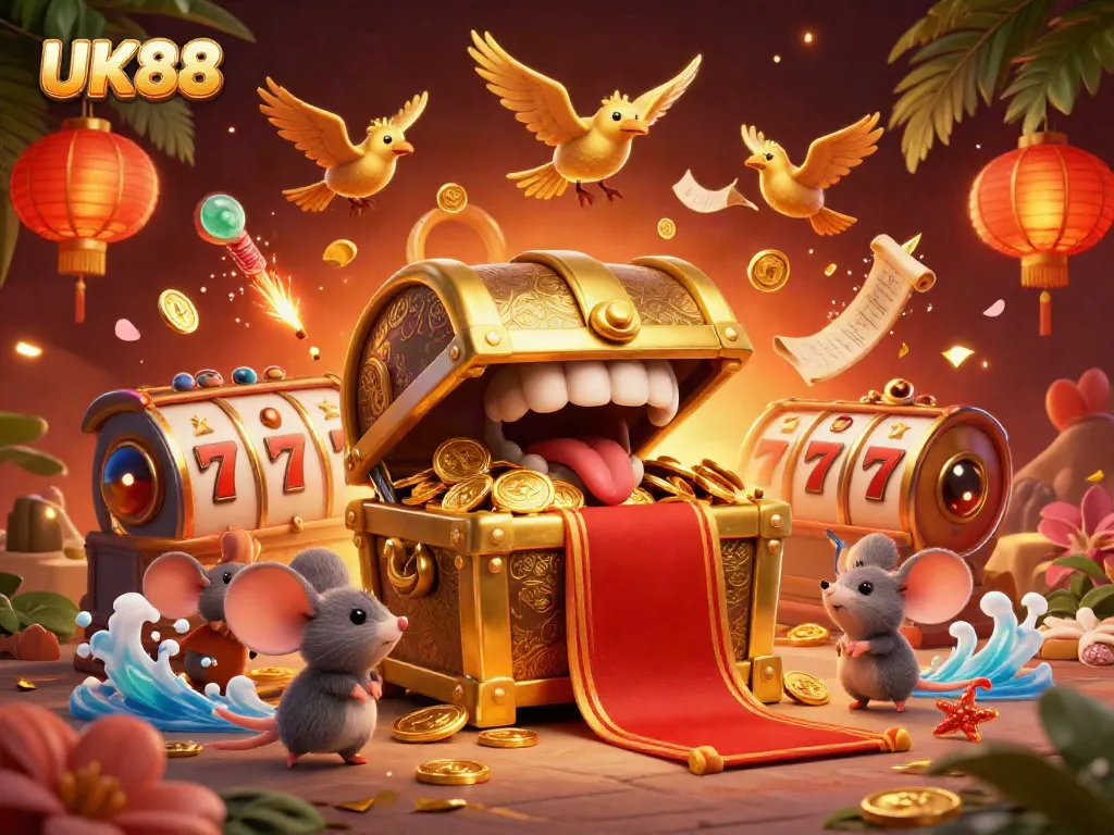Experience the excitement at UK88 with a captivating treasure chest and vibrant casino elements.